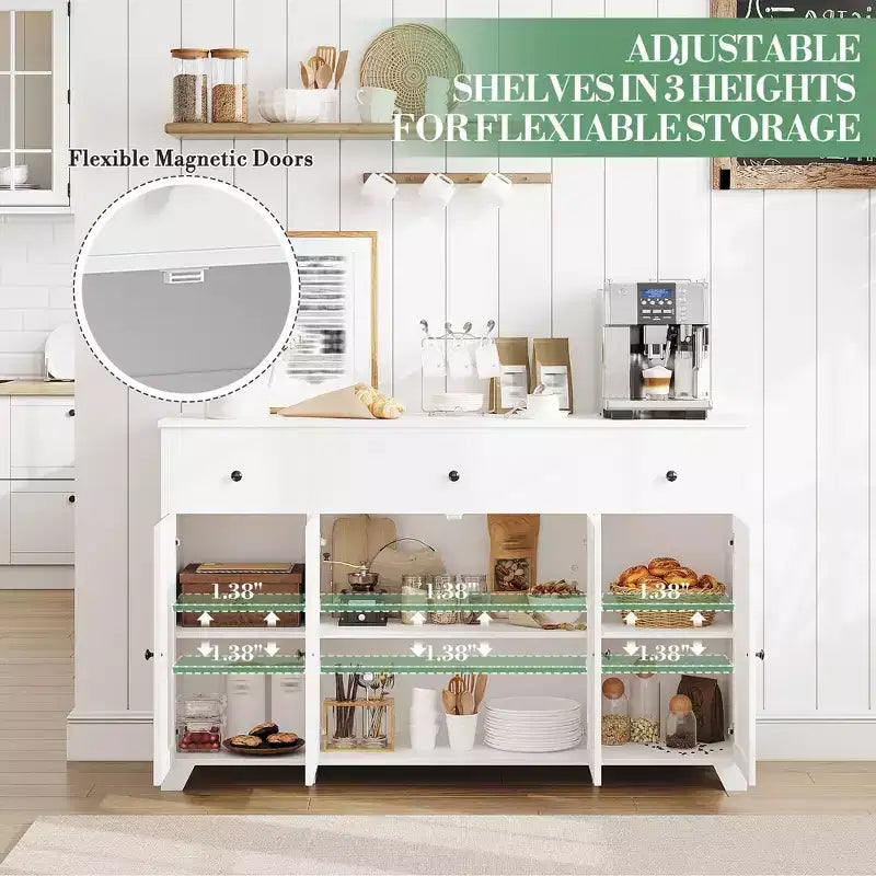Mobile Credenza/Buffet da 55" con 3 Cassetti e 4 Ante, Ripiano Regolabile