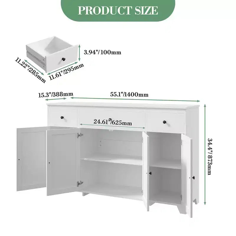 Mobile Credenza/Buffet da 55" con 3 Cassetti e 4 Ante, Ripiano Regolabile