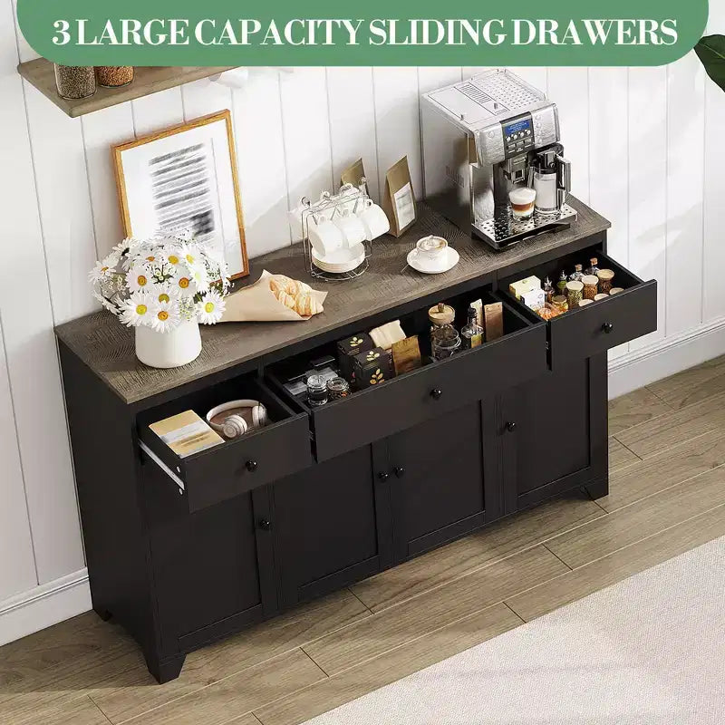 Mobile Credenza/Buffet da 55" con 3 Cassetti e 4 Ante, Ripiano Regolabile