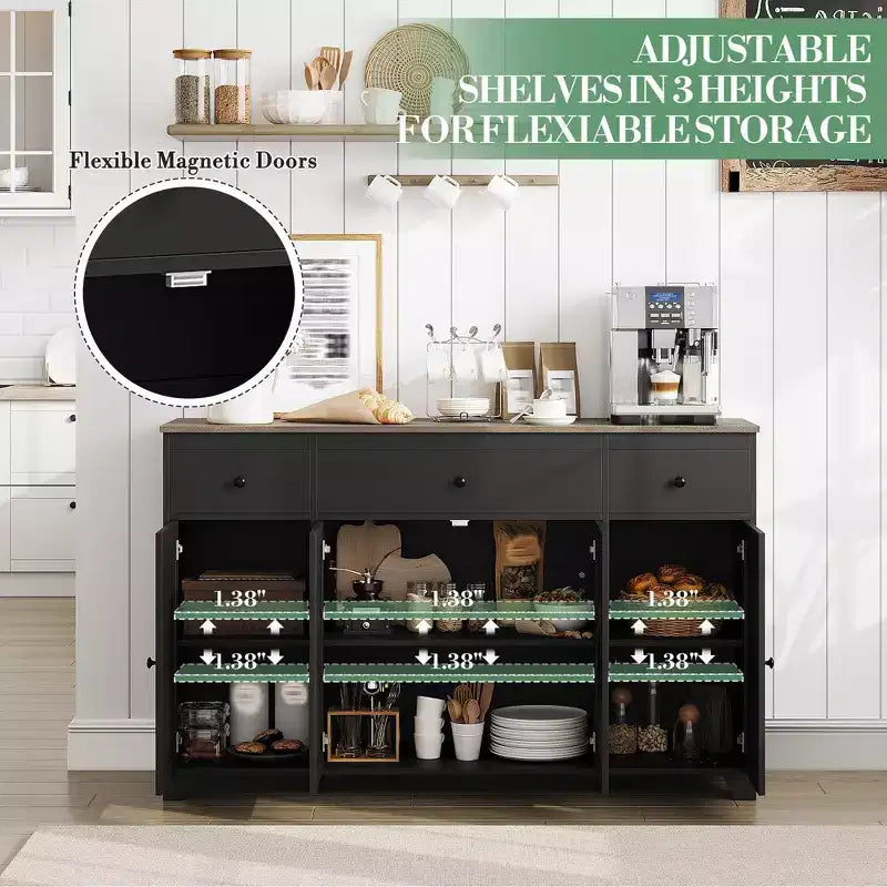 Mobile Credenza/Buffet da 55" con 3 Cassetti e 4 Ante, Ripiano Regolabile