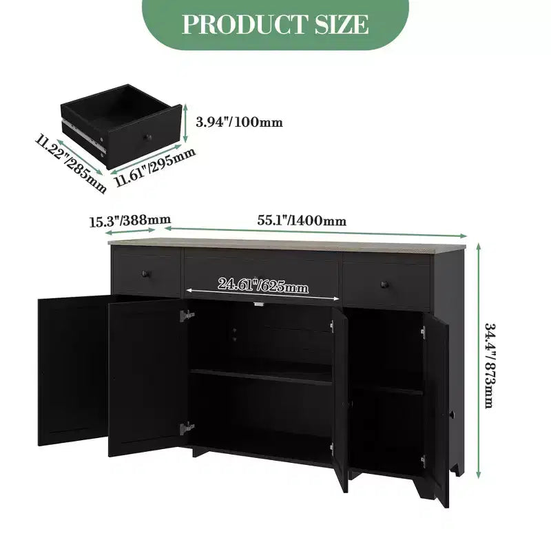 Mobile Credenza/Buffet da 55" con 3 Cassetti e 4 Ante, Ripiano Regolabile