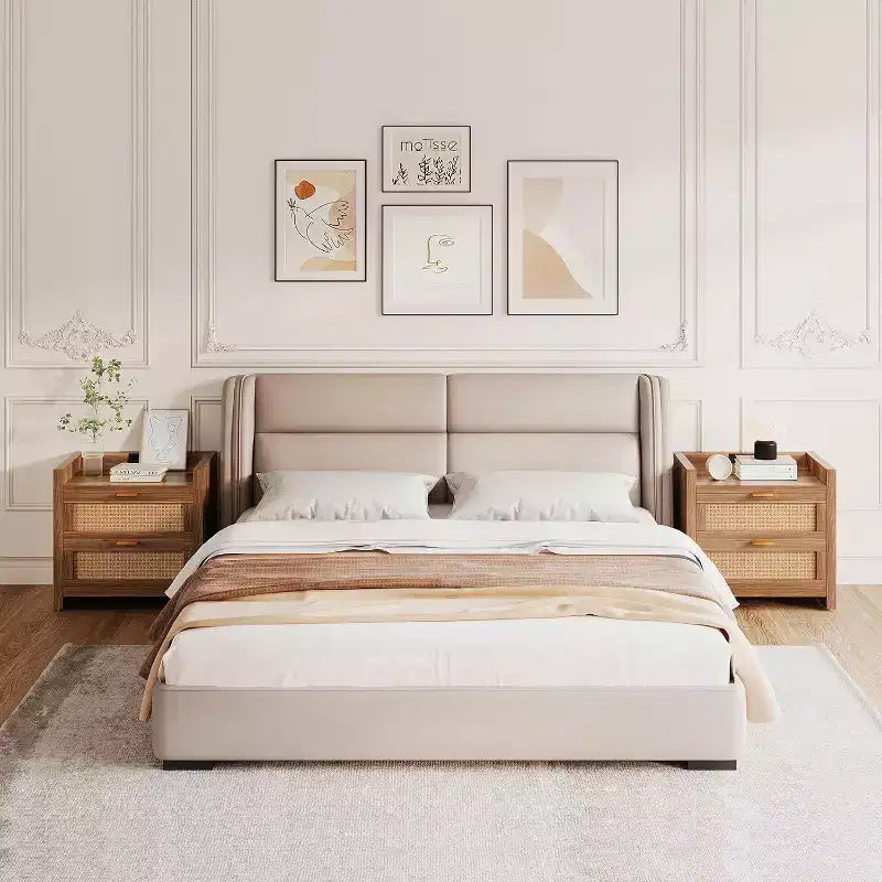 Set di 2 comodini con porta USB-C, doppie prese e cassetti in rattan – Tavolini da notte per camera da letto