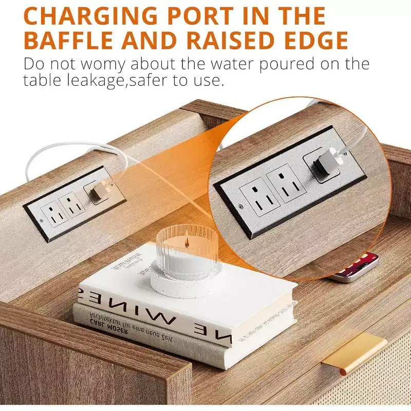 Set di 2 comodini con porta USB-C, doppie prese e cassetti in rattan – Tavolini da notte per camera da letto