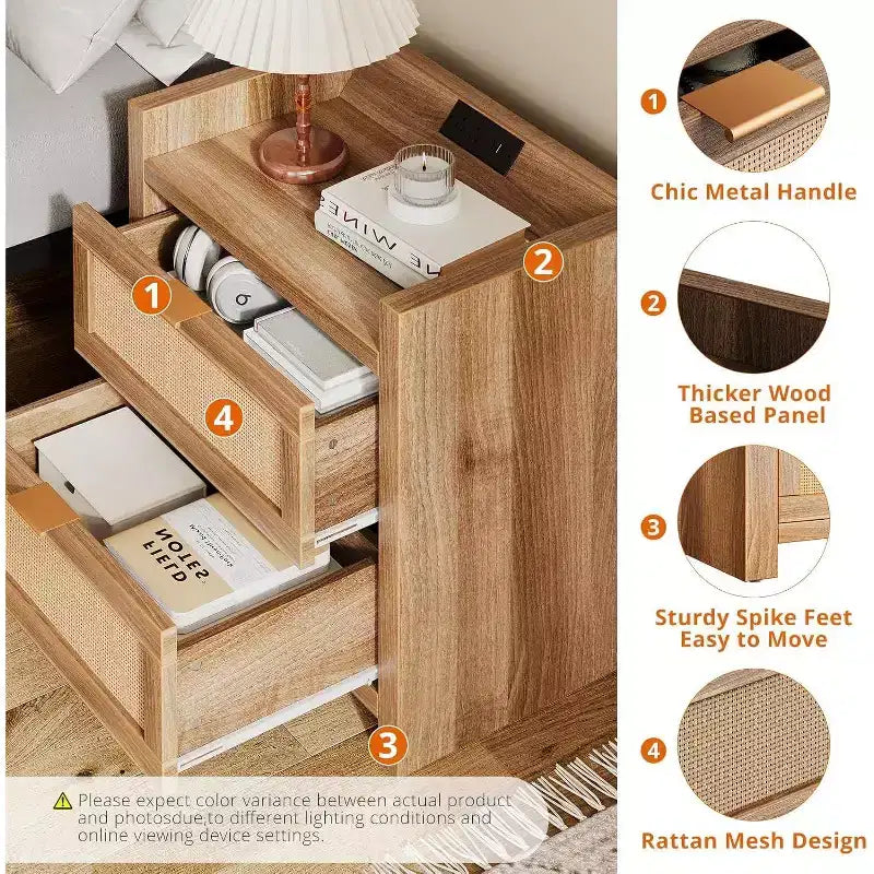 Set di 2 comodini con porta USB-C, doppie prese e cassetti in rattan – Tavolini da notte per camera da letto