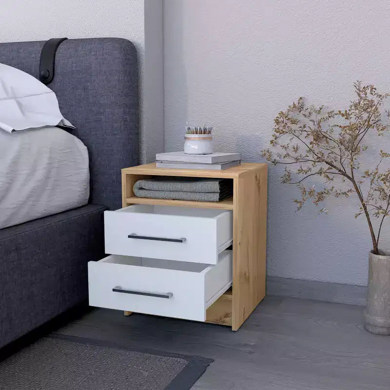 Comodino con due cassetti e ripiano a giorno