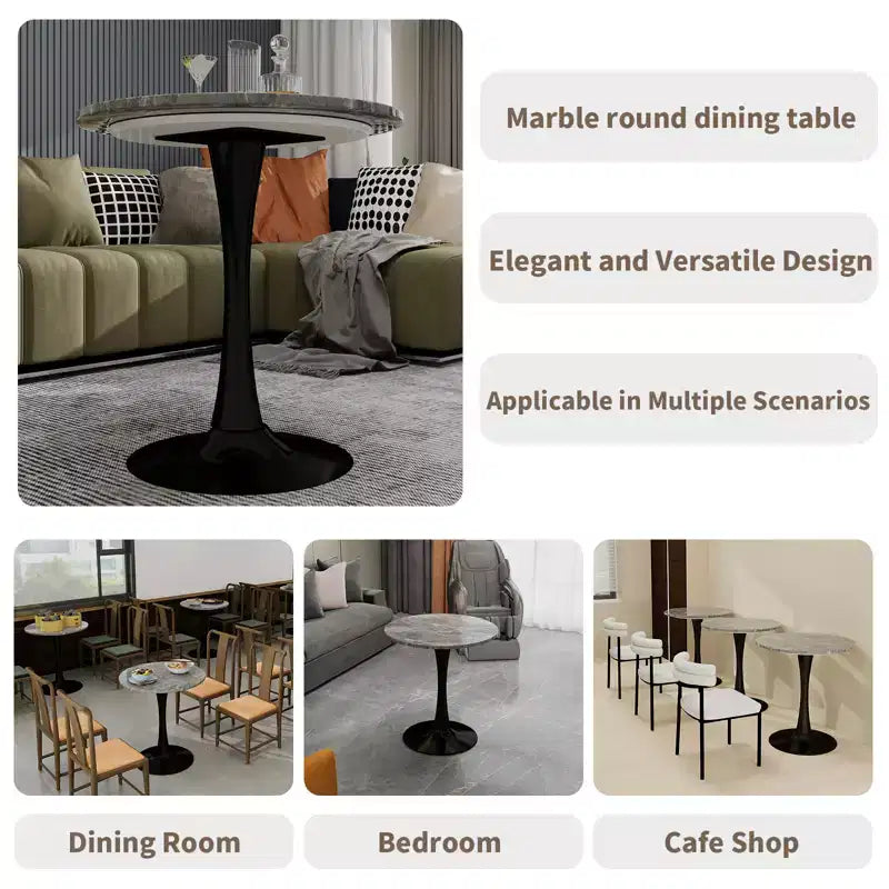 Tavolino da caffè rotondo nero da 70 cm con piano effetto marmo