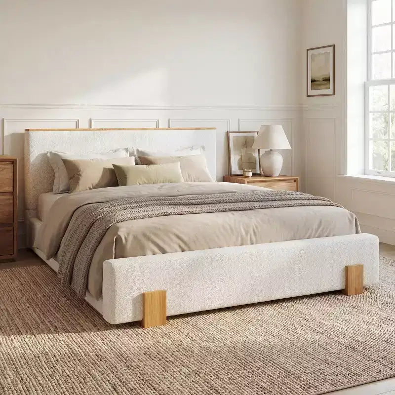 Letto con piattaforma imbottito in boucle moderno con testiera