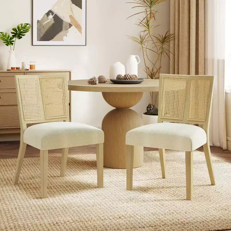 Set di 2 sedie da pranzo imbottite senza braccioli con trama in canna, Beige/Frassino chiaro
