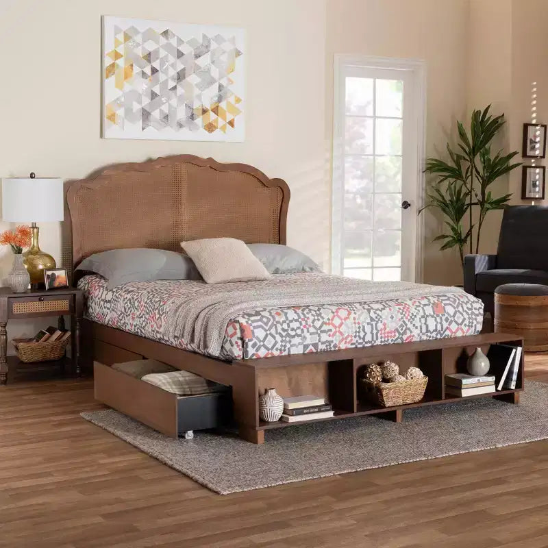 Letto contenitore King Size con testiera in rattan - Noce