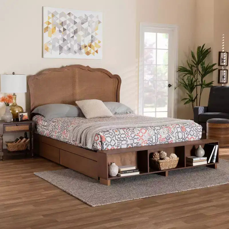 Letto contenitore King Size con testiera in rattan - Noce