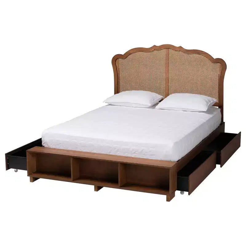 Letto contenitore King Size con testiera in rattan - Noce
