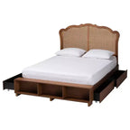 Letto contenitore King Size con testiera in rattan - Noce