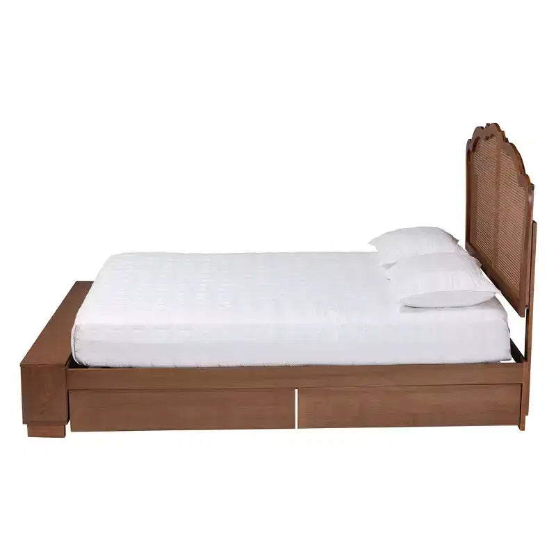 Letto contenitore King Size con testiera in rattan - Noce