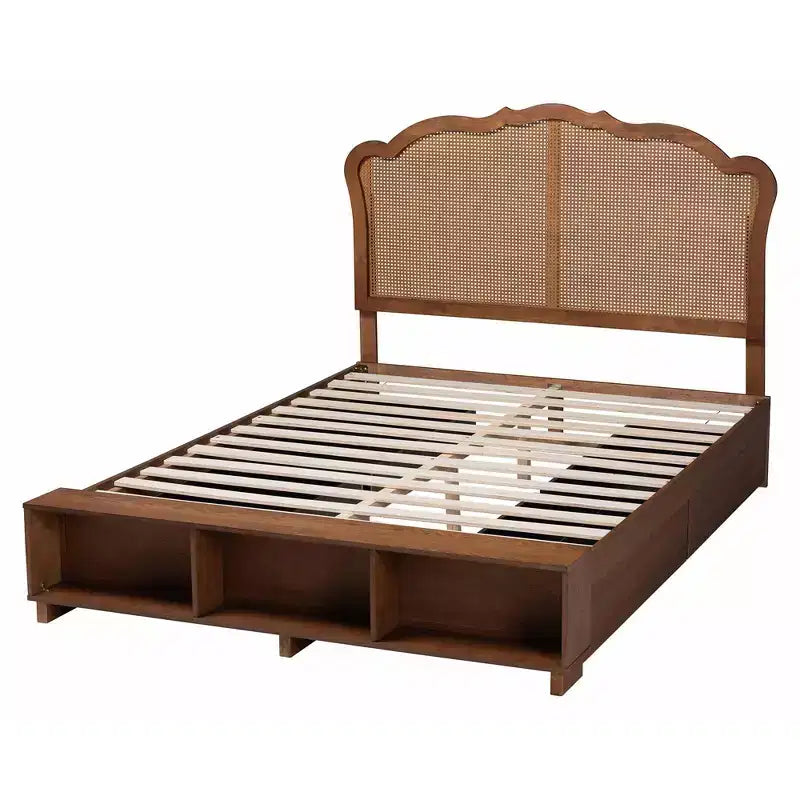 Letto contenitore King Size con testiera in rattan - Noce
