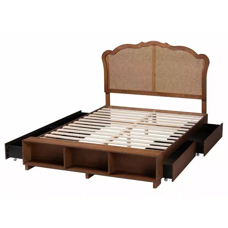 Letto contenitore King Size con testiera in rattan - Noce