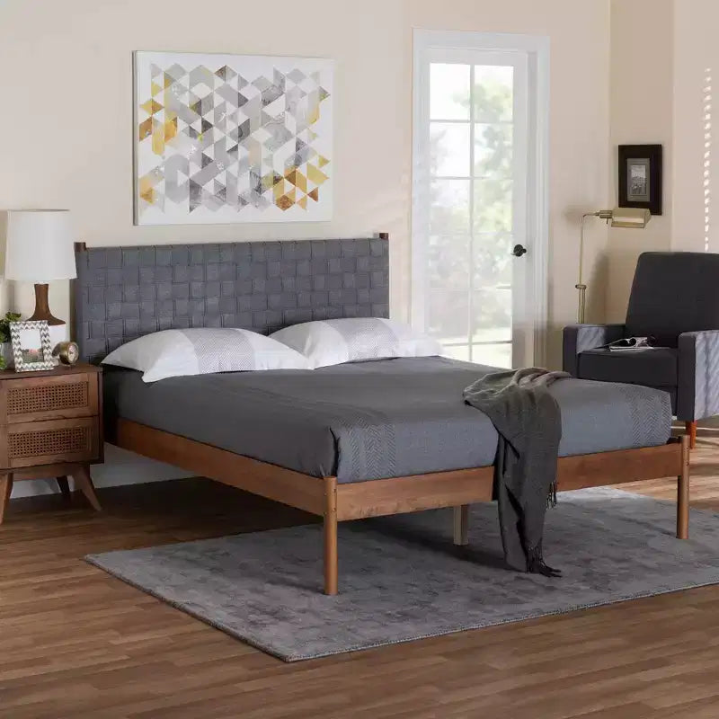 Letto Matrimoniale Moderno Metà Secolo con Testiera Imbottita – Grigio/Marrone Noce
