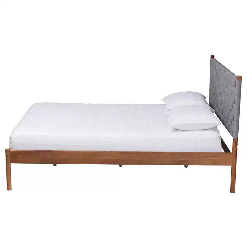 Letto Matrimoniale Moderno Metà Secolo con Testiera Imbottita – Grigio/Marrone Noce
