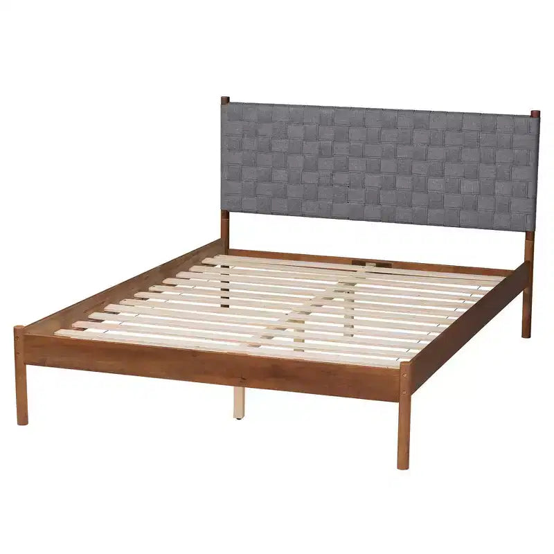Letto Matrimoniale Moderno Metà Secolo con Testiera Imbottita – Grigio/Marrone Noce