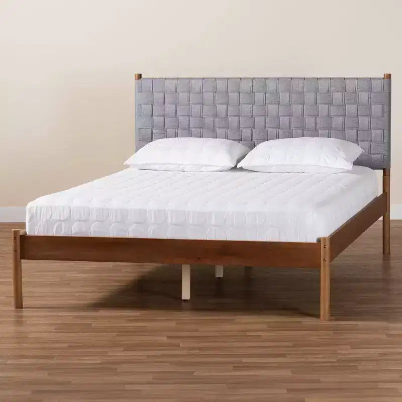 Letto Matrimoniale Moderno Metà Secolo con Testiera Imbottita – Grigio/Marrone Noce