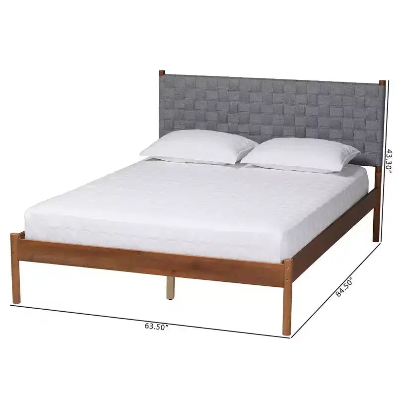 Letto Matrimoniale Moderno Metà Secolo con Testiera Imbottita – Grigio/Marrone Noce