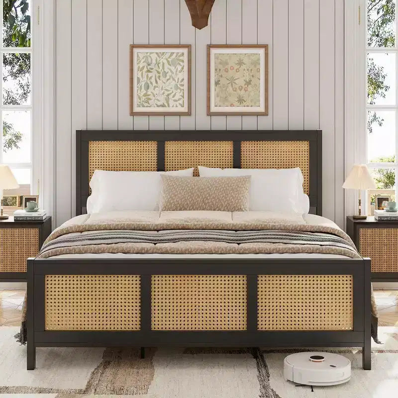 Queen Size Bed Frame with Headboard Bohemian Rattan Platform Bed Frame with Strong Metal Slats Support No Box Spring Needed Noise-Free Design, Black