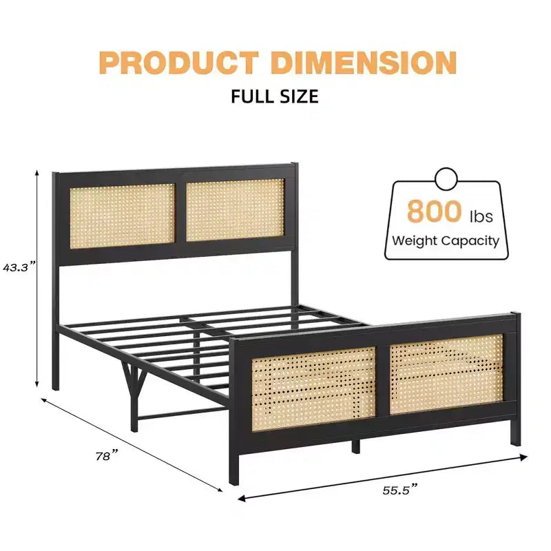 Struttura Letto a Piattaforma Matrimoniale (Queen Size) in Rattan con Doghe Metalliche, Nera
