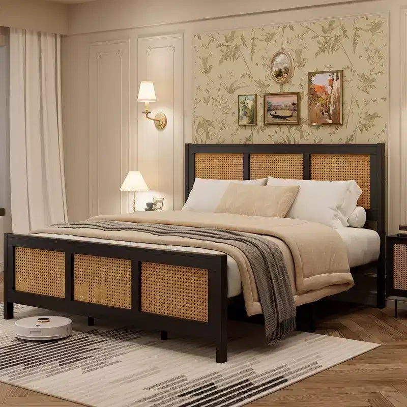 Struttura Letto a Piattaforma Matrimoniale (Queen Size) in Rattan con Doghe Metalliche, Nera