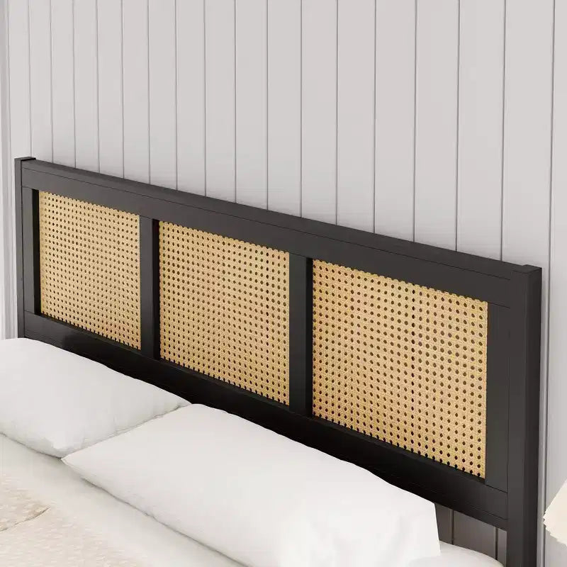 Struttura Letto a Piattaforma Matrimoniale (Queen Size) in Rattan con Doghe Metalliche, Nera