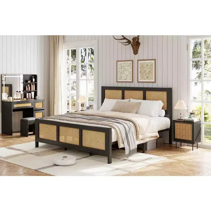 Struttura Letto a Piattaforma Matrimoniale (Queen Size) in Rattan con Doghe Metalliche, Nera