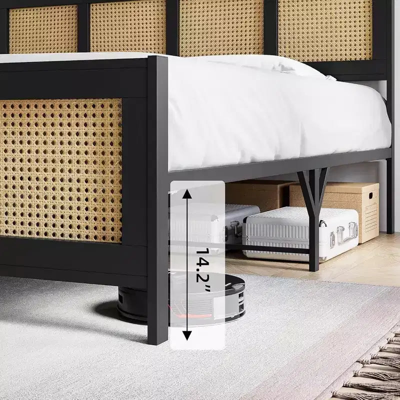 Struttura Letto a Piattaforma Matrimoniale (Queen Size) in Rattan con Doghe Metalliche, Nera