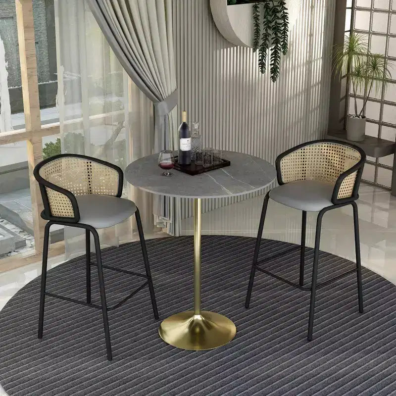 Tavolo da pranzo rotondo da 36" altezza bar con top in pietra sinterizzata e base a piedistallo in acciaio inossidabile dorato