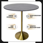Tavolo da pranzo rotondo da 36" altezza bar con top in pietra sinterizzata e base a piedistallo in acciaio inossidabile dorato