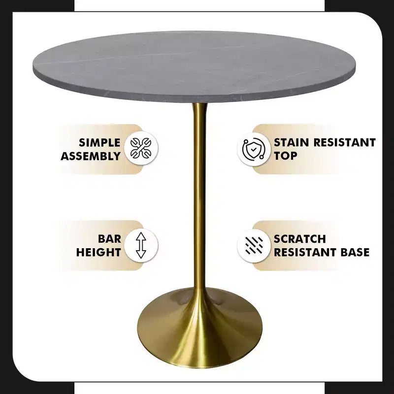Tavolo da pranzo rotondo da 36" altezza bar con top in pietra sinterizzata e base a piedistallo in acciaio inossidabile dorato
