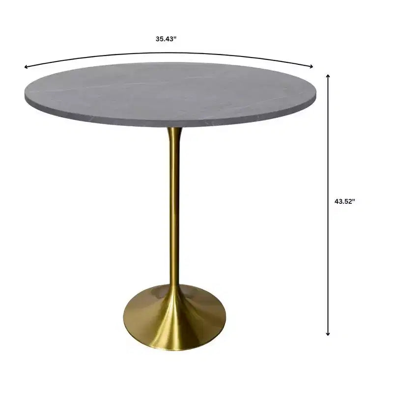 Tavolo da pranzo rotondo da 36" altezza bar con top in pietra sinterizzata e base a piedistallo in acciaio inossidabile dorato