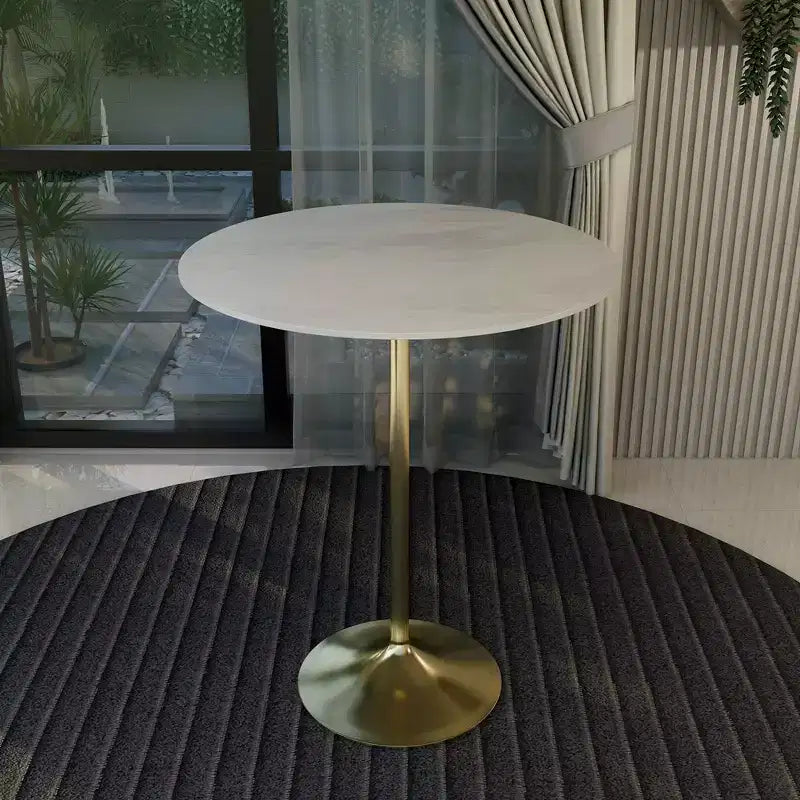 Tavolo da pranzo rotondo da 36" altezza bar con top in pietra sinterizzata e base a piedistallo in acciaio inossidabile dorato