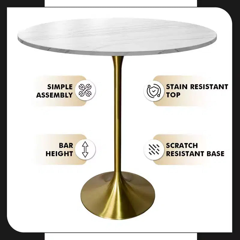 Tavolo da pranzo rotondo da 36" altezza bar con top in pietra sinterizzata e base a piedistallo in acciaio inossidabile dorato