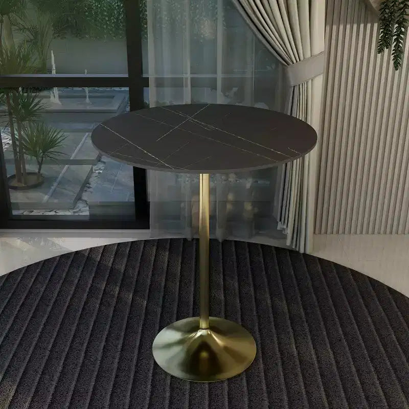 Tavolo da pranzo rotondo da 36" altezza bar con top in pietra sinterizzata e base a piedistallo in acciaio inossidabile dorato