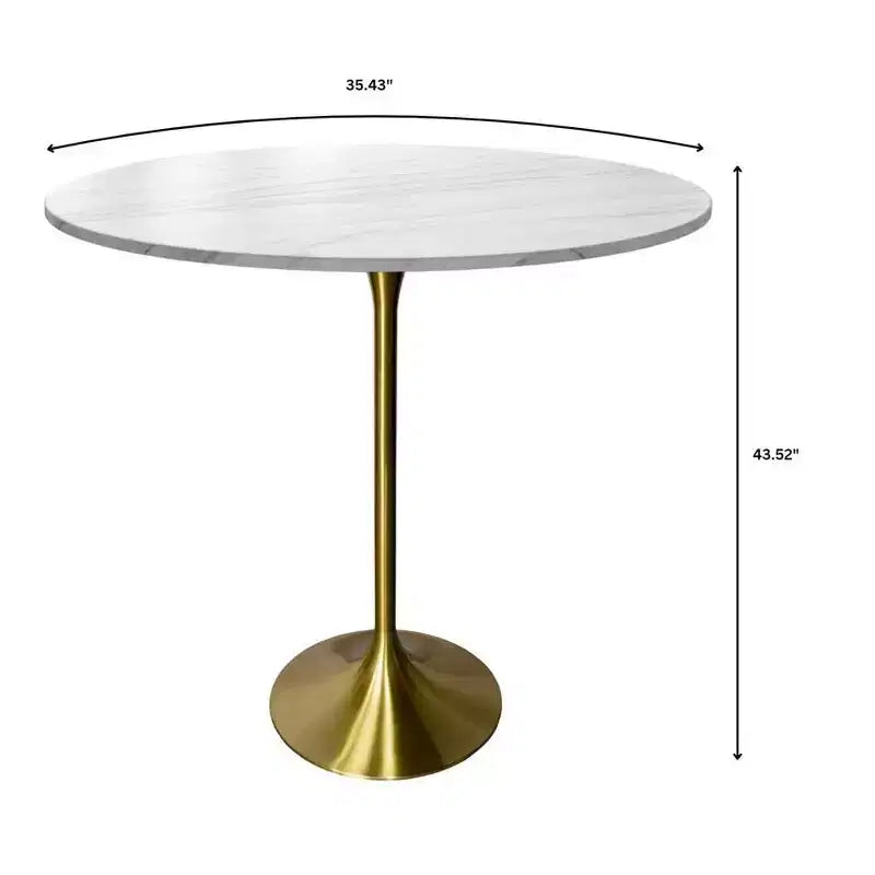 Tavolo da pranzo rotondo da 36" altezza bar con top in pietra sinterizzata e base a piedistallo in acciaio inossidabile dorato