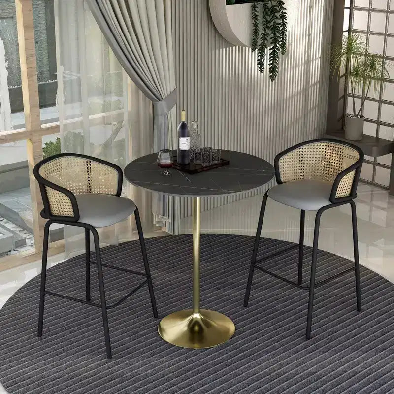 Tavolo da pranzo rotondo da 36" altezza bar con top in pietra sinterizzata e base a piedistallo in acciaio inossidabile dorato