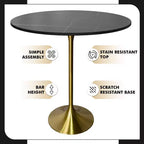 Tavolo da pranzo rotondo da 36" altezza bar con top in pietra sinterizzata e base a piedistallo in acciaio inossidabile dorato