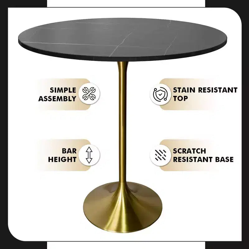 Tavolo da pranzo rotondo da 36" altezza bar con top in pietra sinterizzata e base a piedistallo in acciaio inossidabile dorato