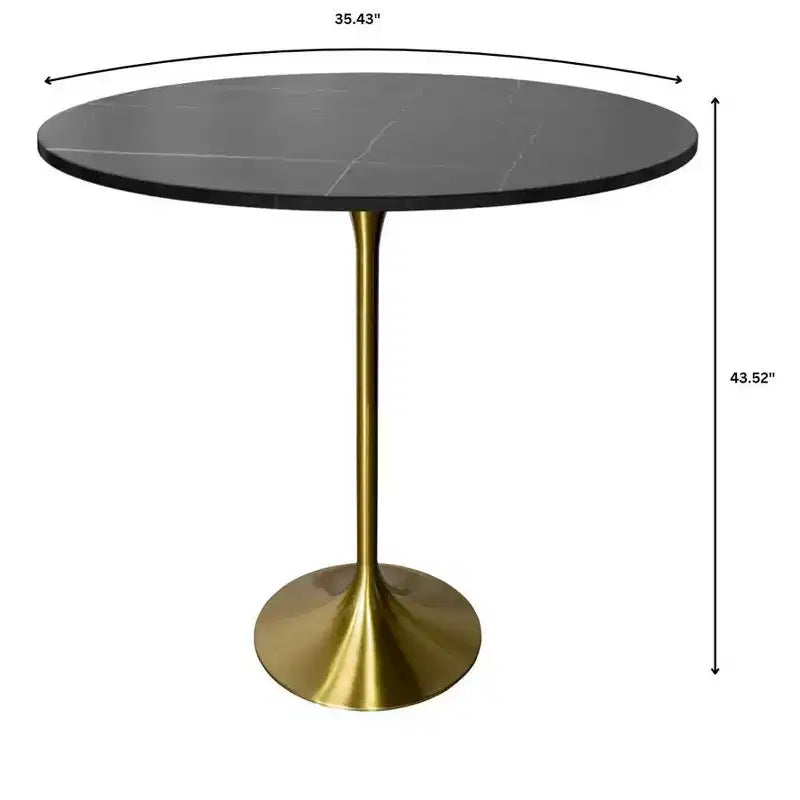 Tavolo da pranzo rotondo da 36" altezza bar con top in pietra sinterizzata e base a piedistallo in acciaio inossidabile dorato