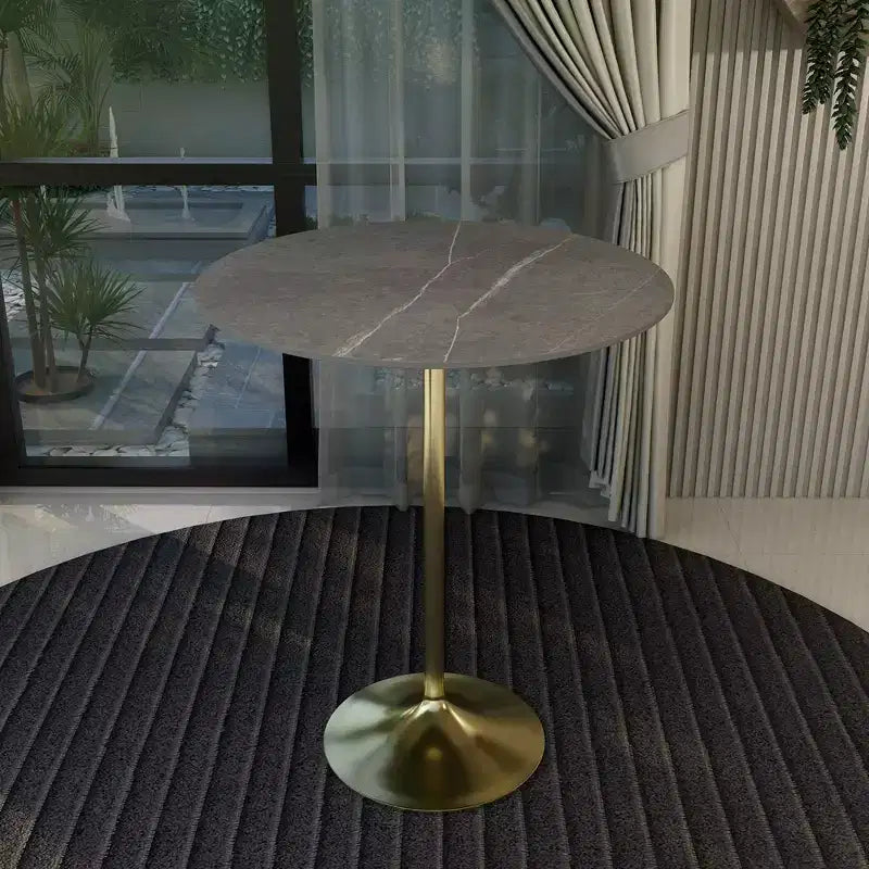 Tavolo da pranzo rotondo da 36" altezza bar con top in pietra sinterizzata e base a piedistallo in acciaio inossidabile dorato