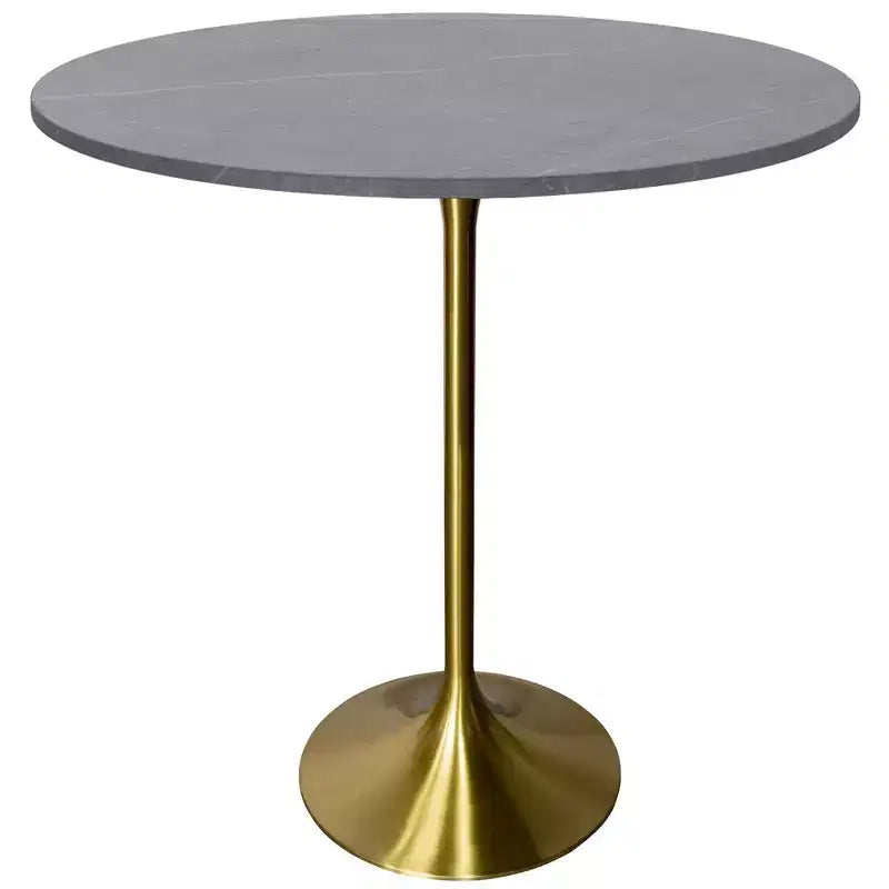 Tavolo da pranzo rotondo da 36" altezza bar con top in pietra sinterizzata e base a piedistallo in acciaio inossidabile dorato