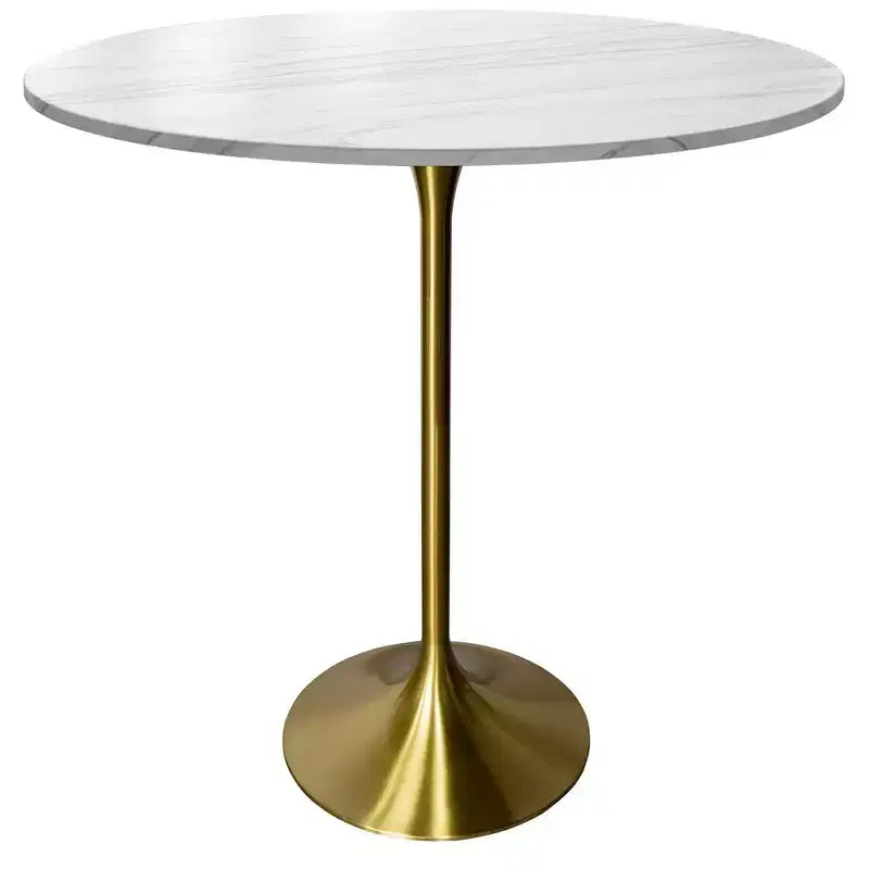 Tavolo da pranzo rotondo da 36" altezza bar con top in pietra sinterizzata e base a piedistallo in acciaio inossidabile dorato