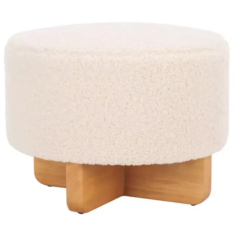 Pouf rotondo in finto montone con base in legno di caucciù