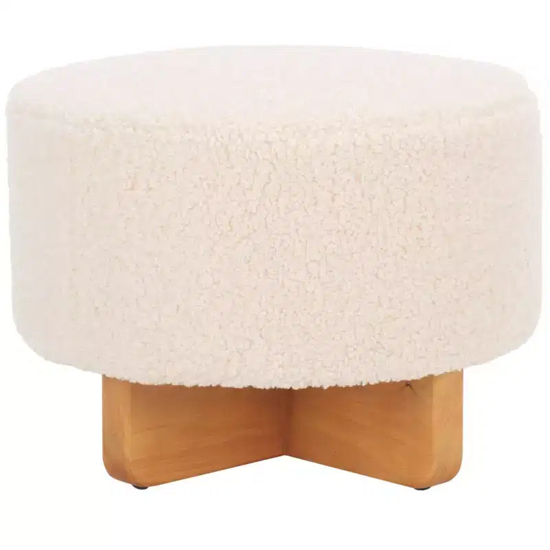 Pouf rotondo in finto montone con base in legno di caucciù