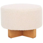 Pouf rotondo in finto montone con base in legno di caucciù