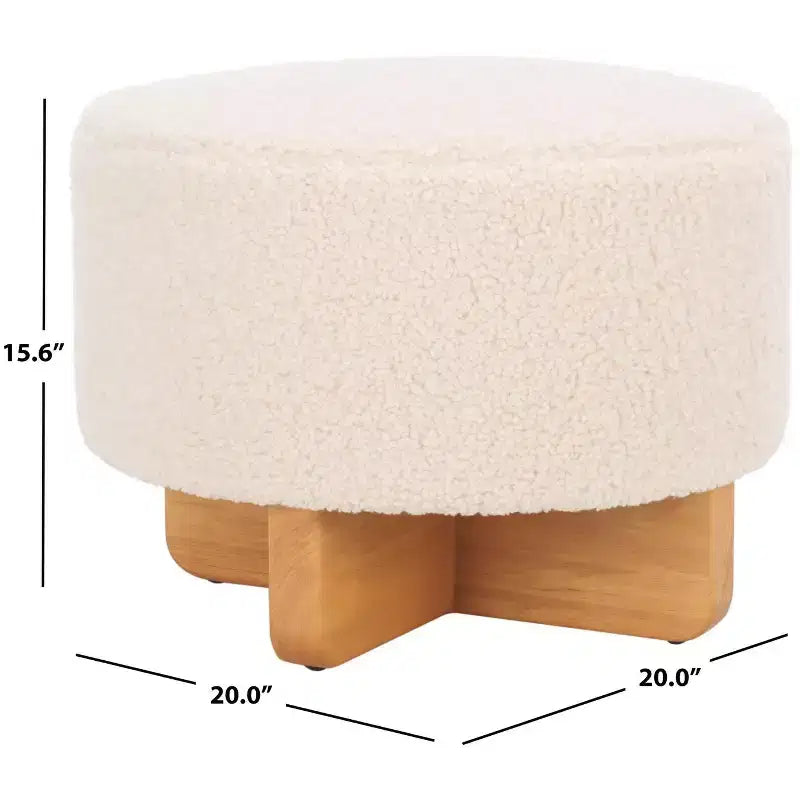Pouf rotondo in finto montone con base in legno di caucciù