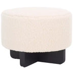 Pouf rotondo in finto montone con base in legno di caucciù